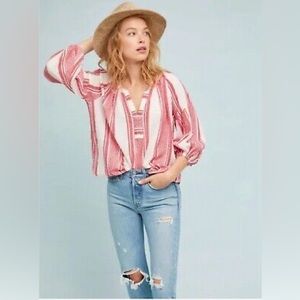 Velvet by Graham & Spencer Britt Peasant Top Shirt Red & White Patterned Blouse